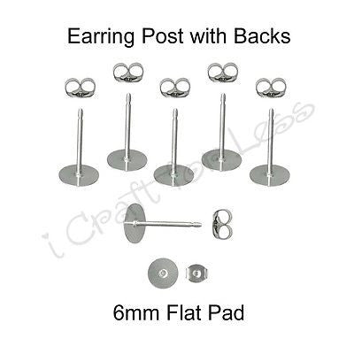 24 (12 Pairs) Earring Posts / Backs - 6 mm Flat Pad - Surgical Stainless Steel