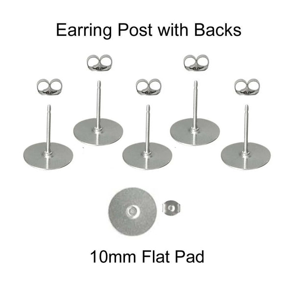 10 mm Silver Earring Posts with Butterfly Backs - Hypoallergenic Surgical 316L Stainless Steel